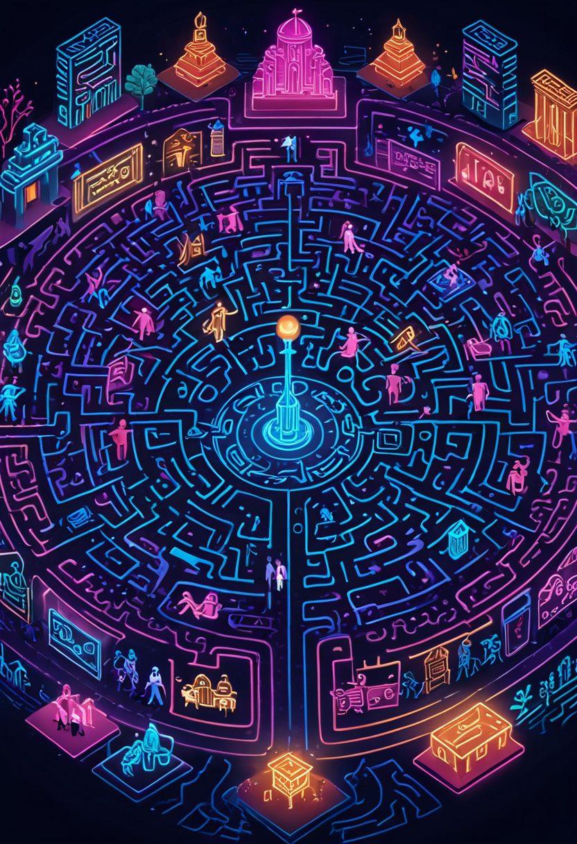 A conceptual illustration of a maze symbolizing the complex world of adult entertainment insurance, featuring paths lined with various insurance icons like shields, dollar signs, and contracts. Include a diverse group of individuals navigating the maze with a sense of determination and curiosity. The background should have subtle hints of nightlife, emphasizing the adult entertainment industry. Focus on clarity and professionalism amidst the chaos. vibrant colors. vector art.