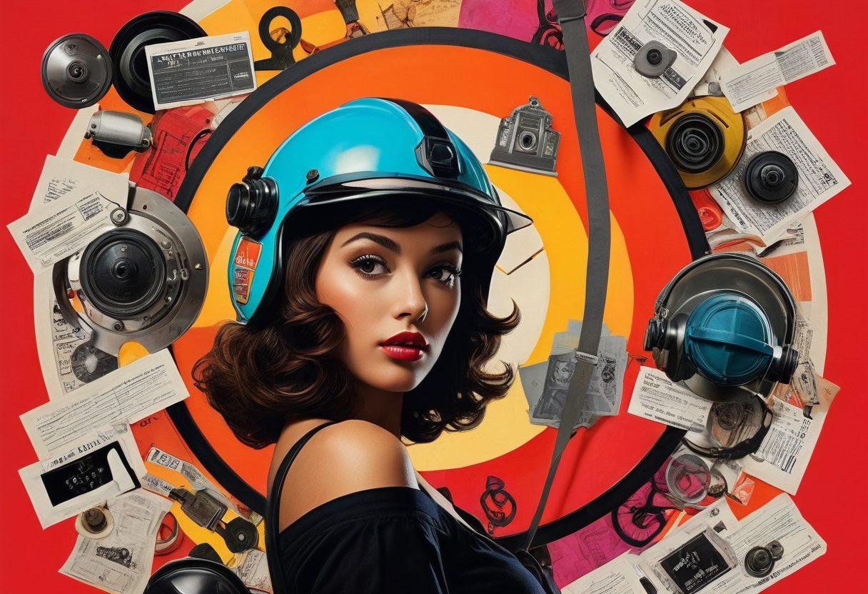 A creative and intriguing collage showcasing various elements of the adult film industry, including a film reel, safety helmets, insurance papers, and sensual silhouettes against a vibrant, abstract background. Symbols of protection like shields or locks integrated subtly into the design. The mood is both playful and professional, embodying both creativity and safety. Bright and bold colors to attract attention. super-realistic. vibrant colors. abstract background.